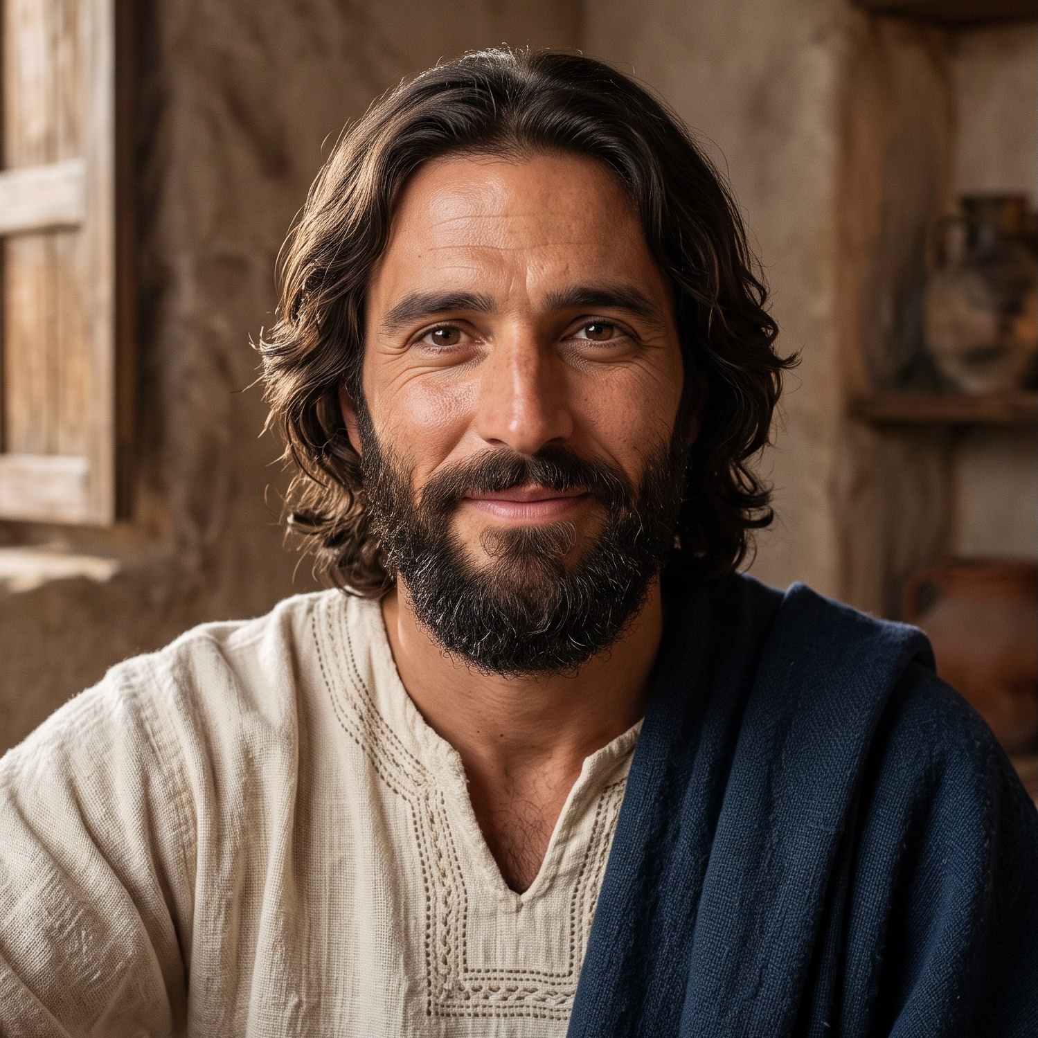A serene, luminous depiction of the face of Jesus Christ, in warm tones.